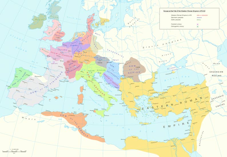 Germanic kingdoms and people in 476 AD, after the fall of the Western Roman Empire