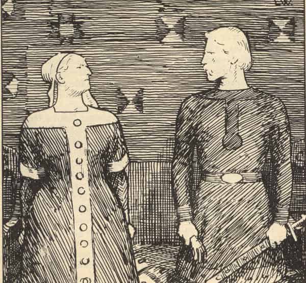 1899 illustration of Sigrid the Haughty and Olaf Tryggvason
