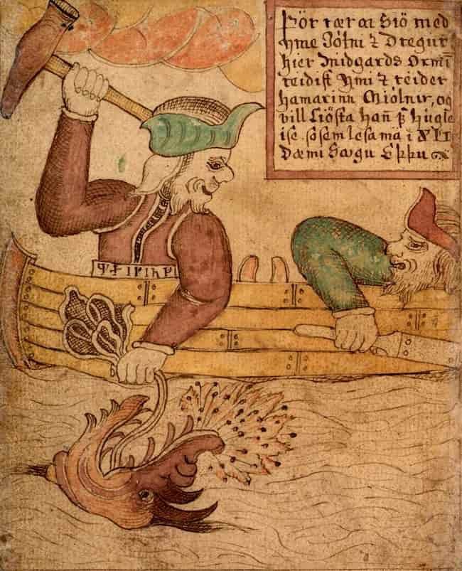 Thor fishing for the Midgard Serpent in an illustration from an 18th-century Icelandic manuscript