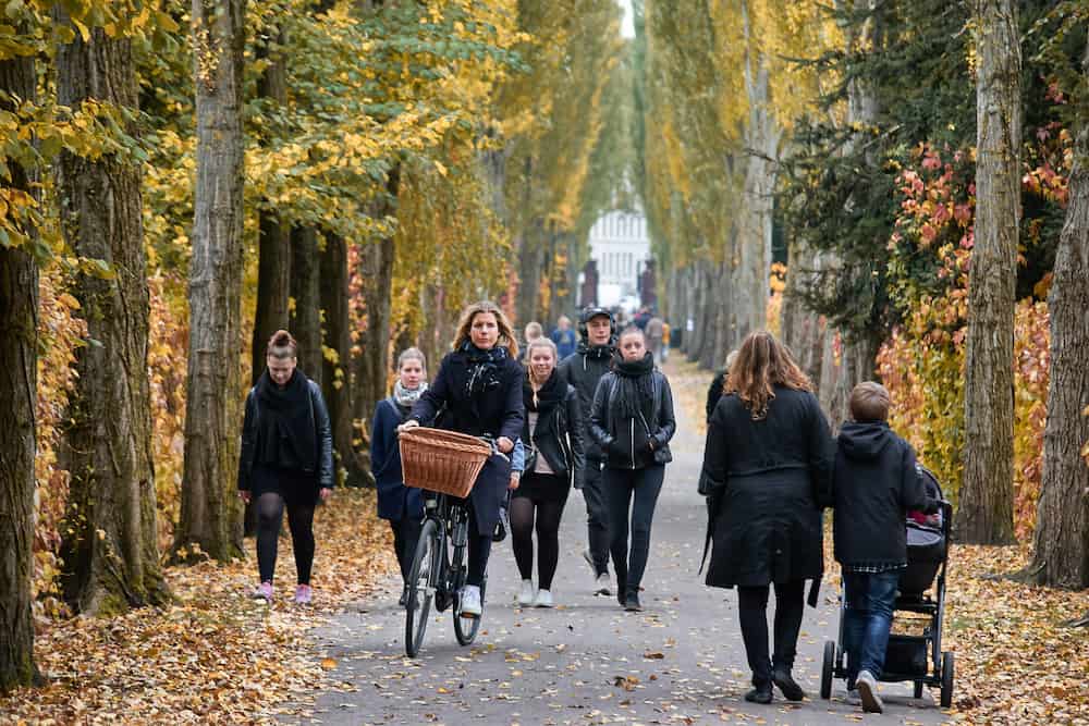 people walking on a path in Assistens Cemetery in Copenhagen