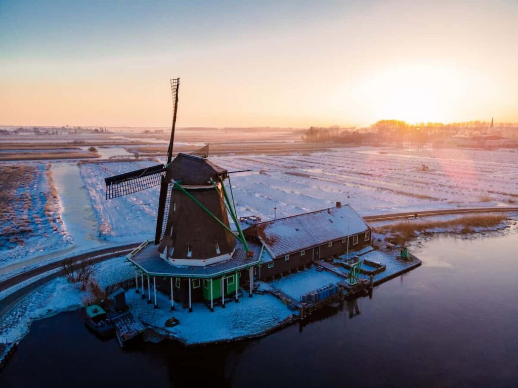 windmill covered by snow in Netherlands